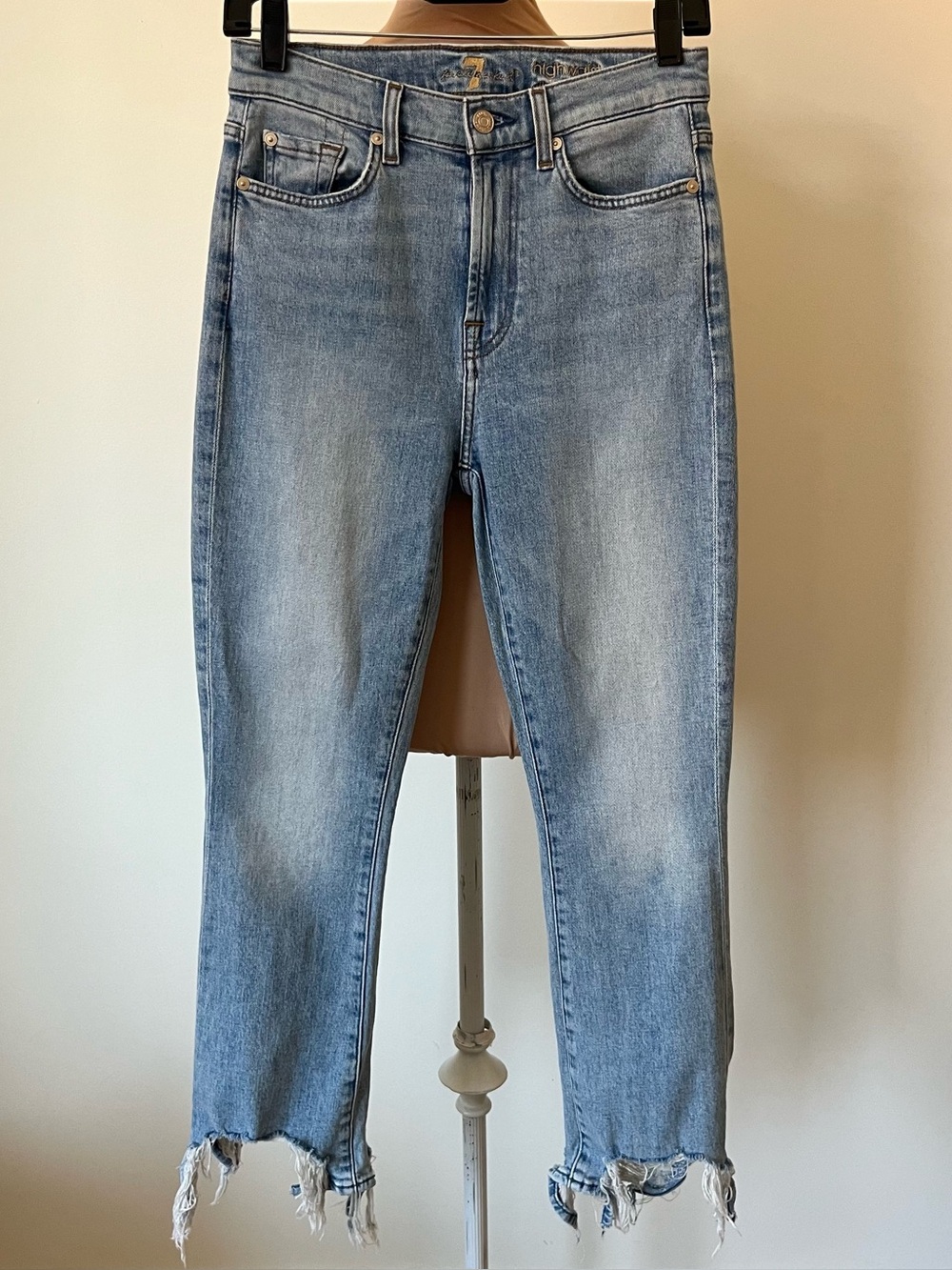 7 For All Mankind High Waist Slim Kick Flare Distressed Light Blue Jeans Size 27